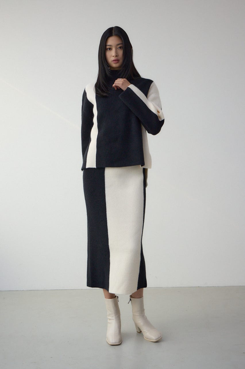 バイカラーIラインニットスカート BLK FREE
