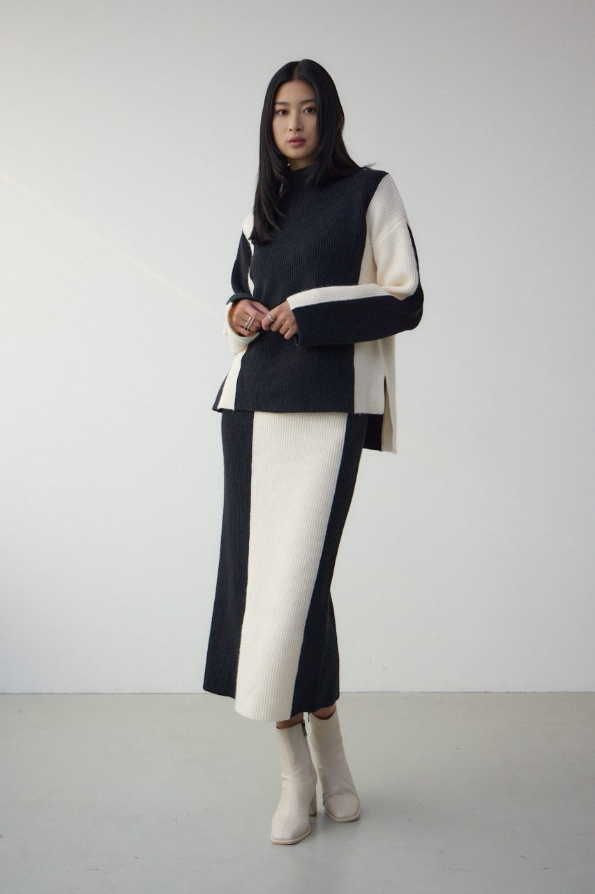 バイカラーIラインニットスカート BLK FREE
