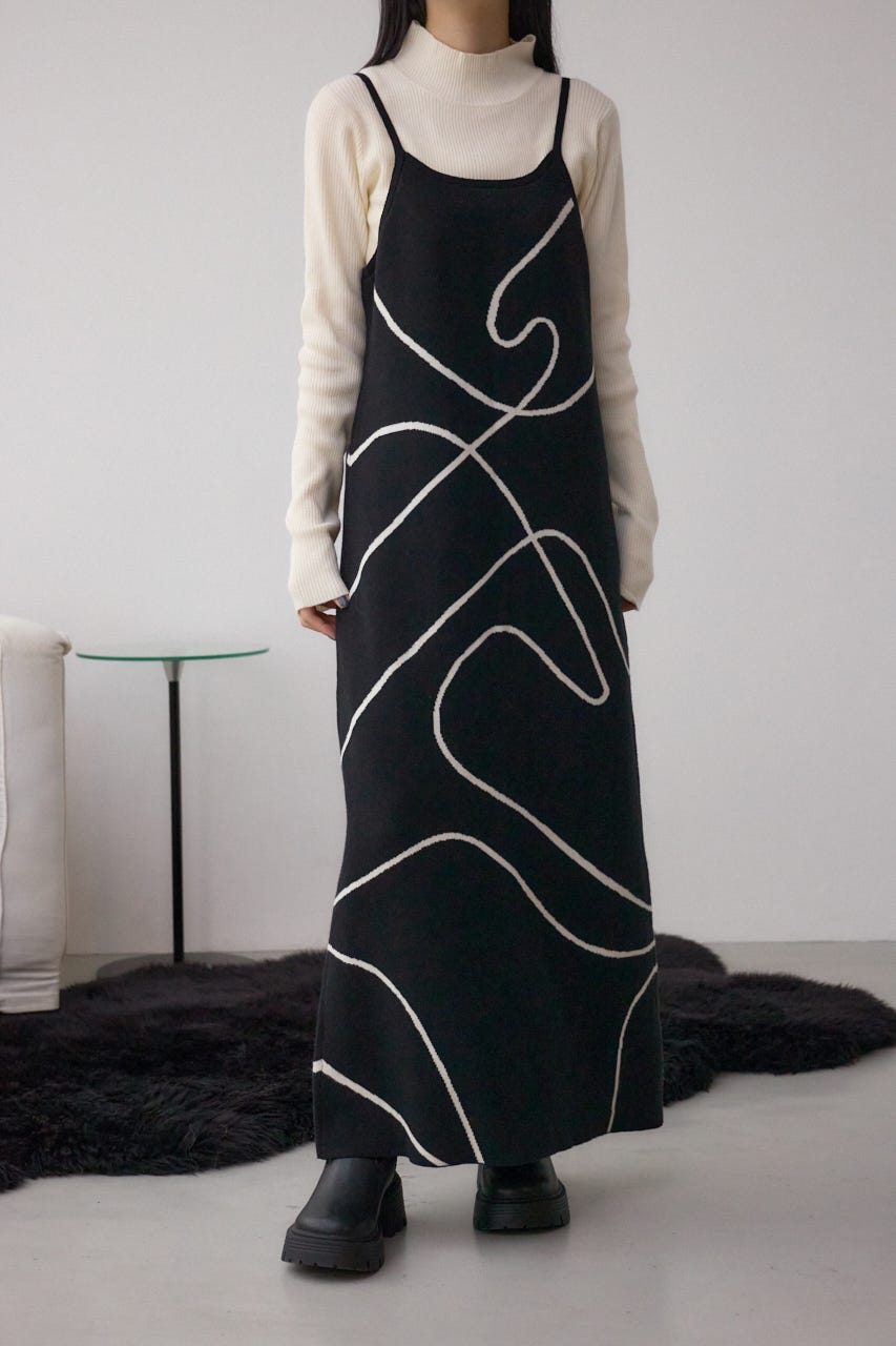 【セットアイテム】ライン柄ニットキャミワンピセット BLK M