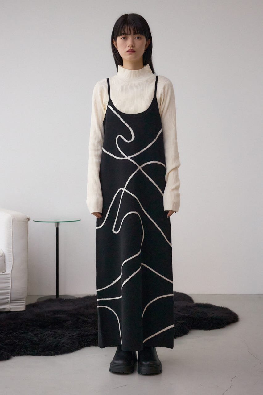 【セットアイテム】ライン柄ニットキャミワンピセット BLK M