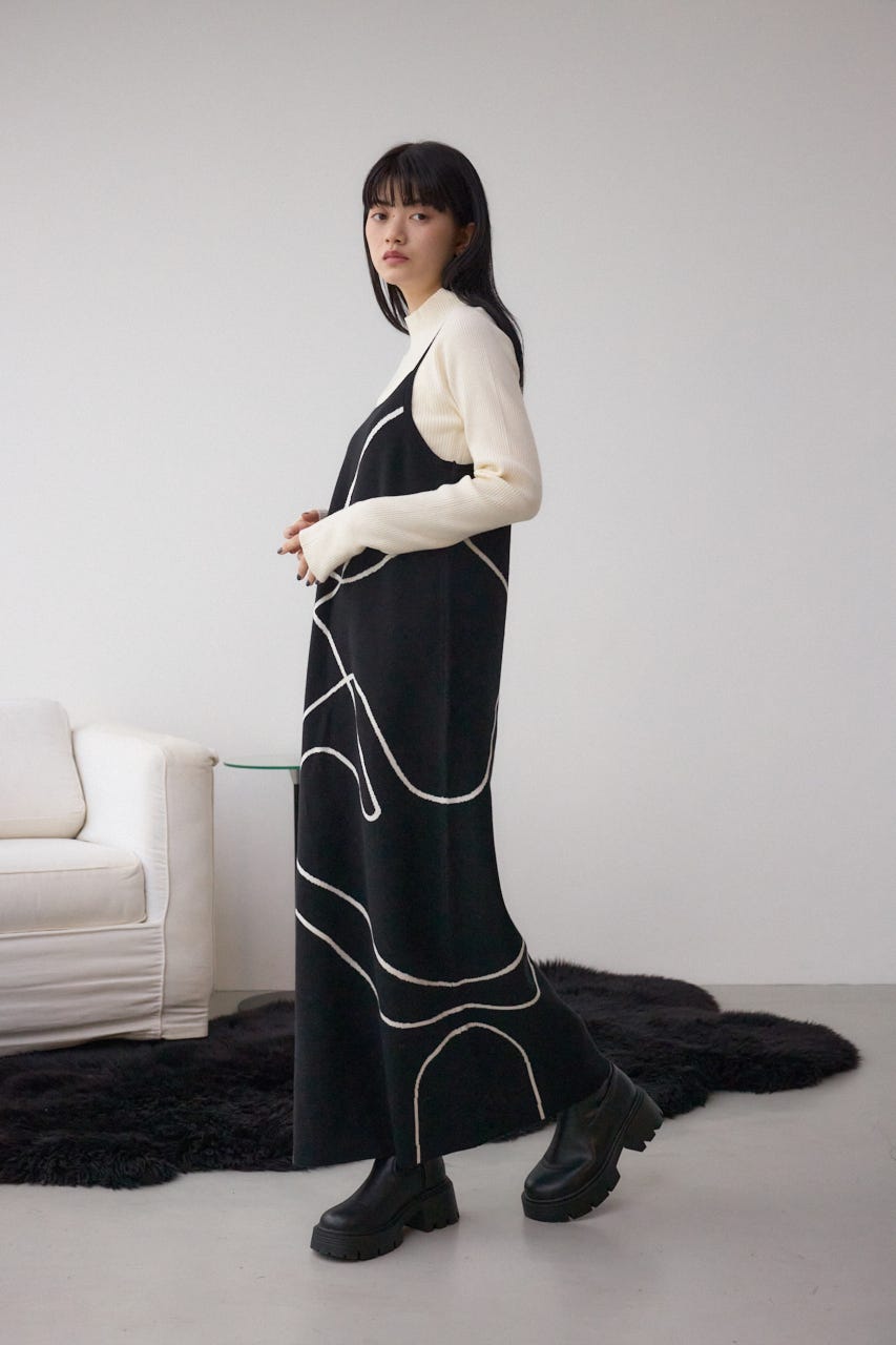 【セットアイテム】ライン柄ニットキャミワンピセット BLK M
