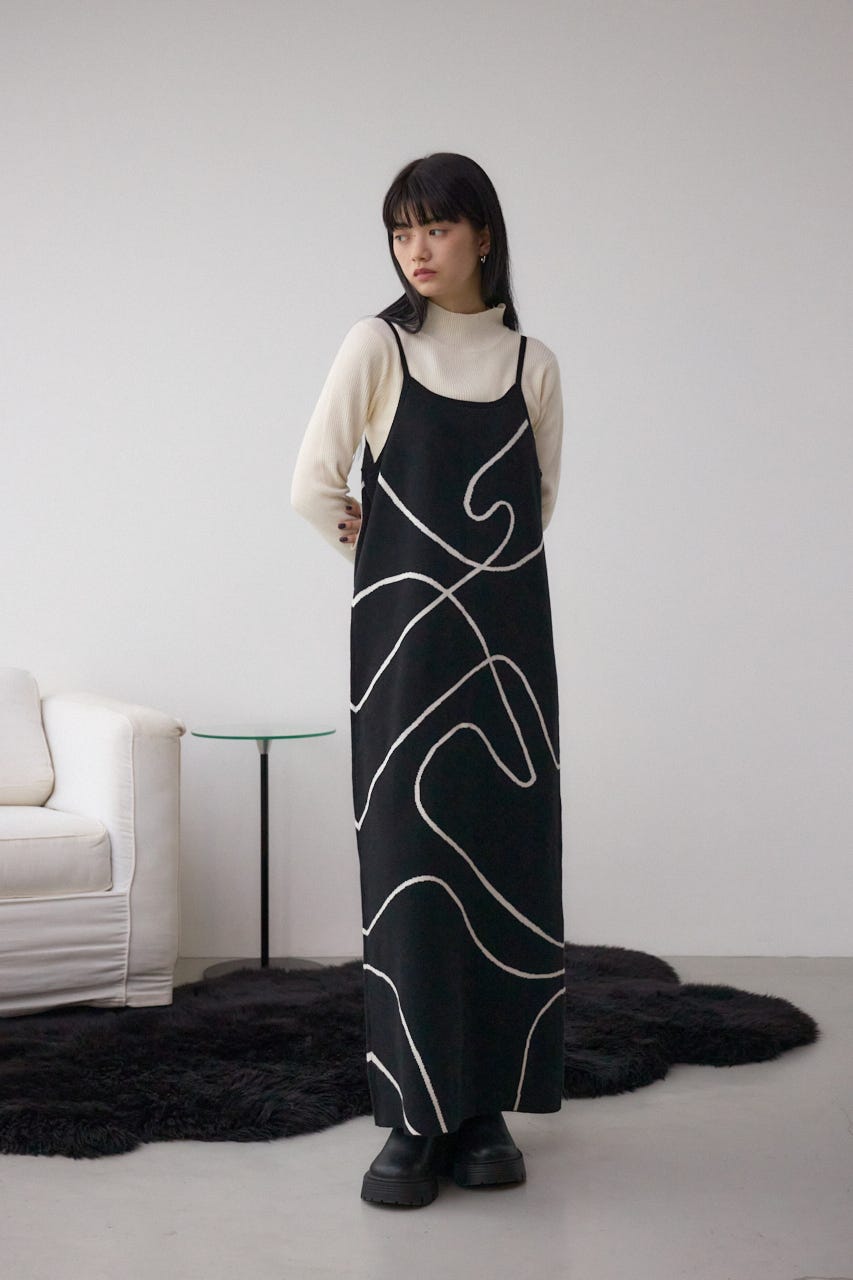 【セットアイテム】ライン柄ニットキャミワンピセット BLK M