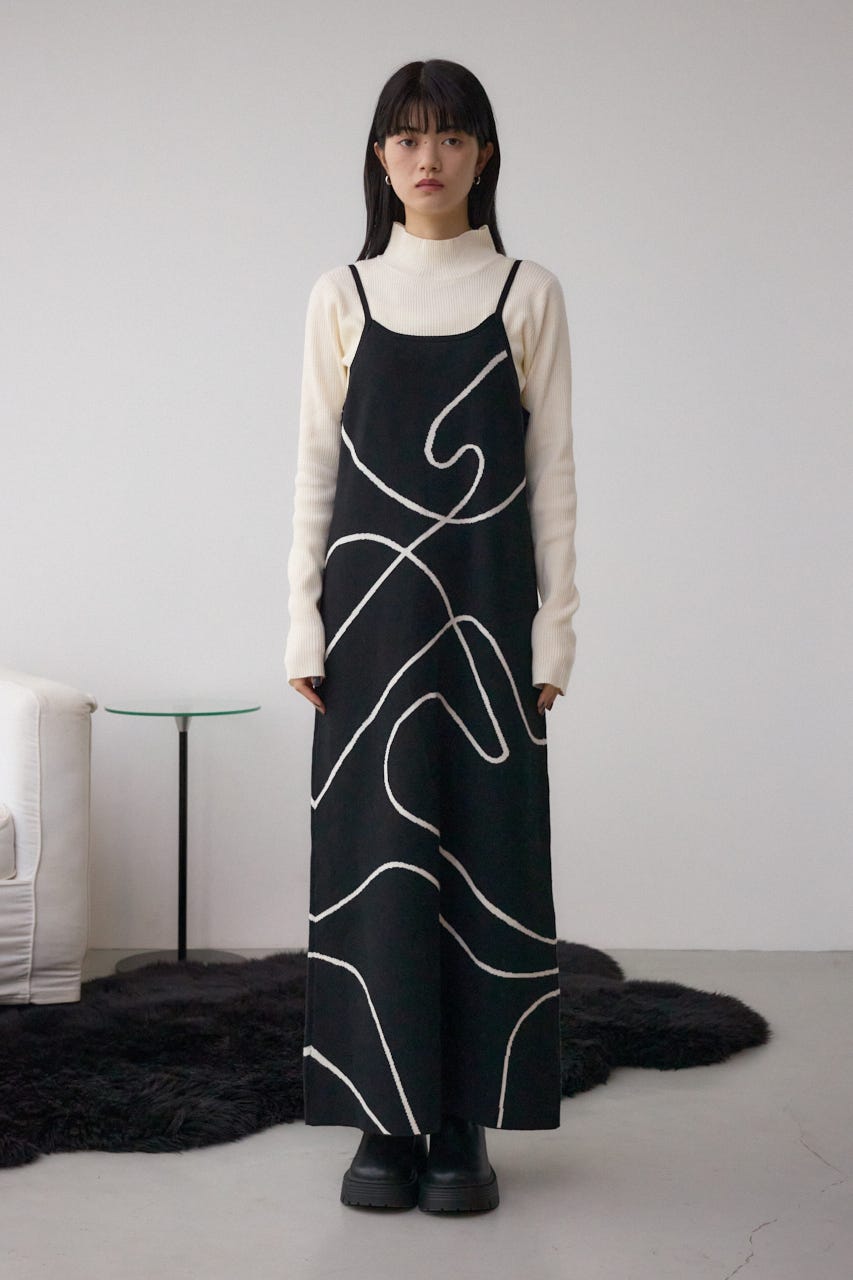 【セットアイテム】ライン柄ニットキャミワンピセット BLK M