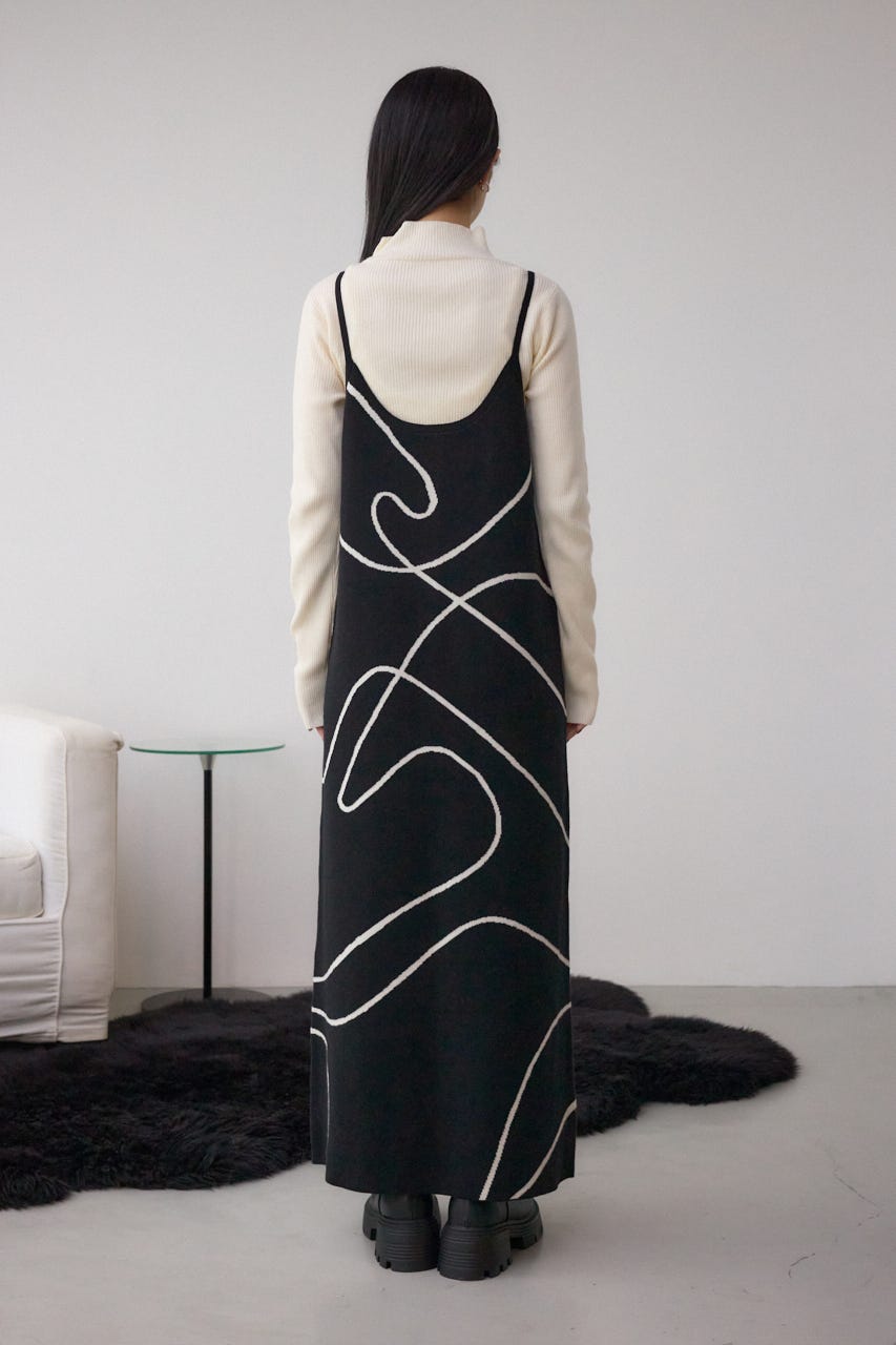 【セットアイテム】ライン柄ニットキャミワンピセット BLK M