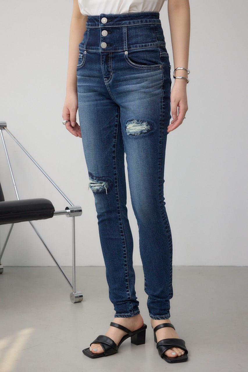 AZUL DENIM ハイウエストボタンリペアスキニー D/BLU M