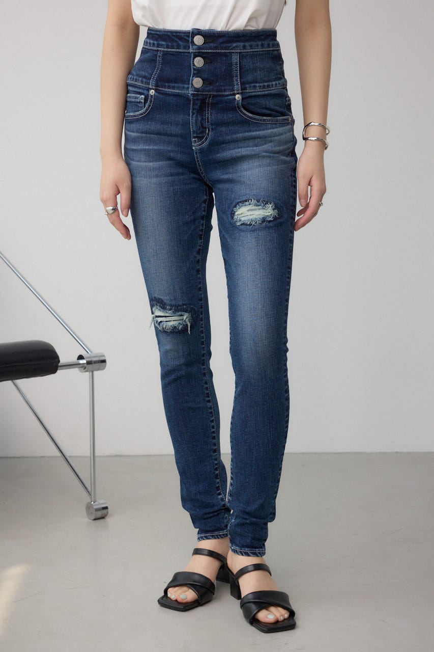 AZUL DENIM ハイウエストボタンリペアスキニー D/BLU M