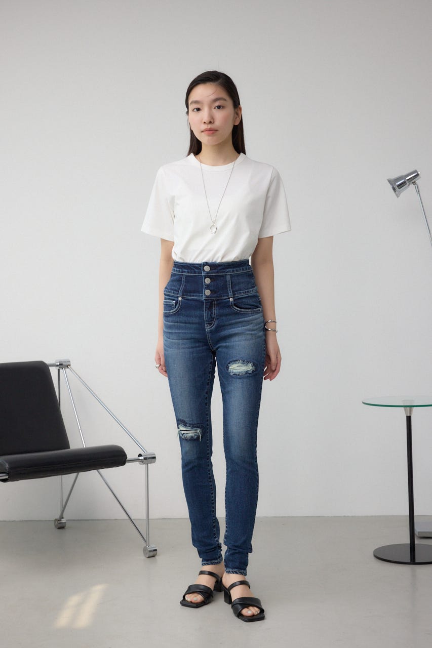 AZUL DENIM ハイウエストボタンリペアスキニー D/BLU M