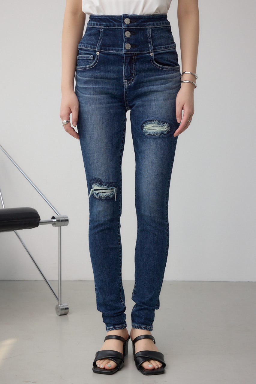 AZUL DENIM ハイウエストボタンリペアスキニー D/BLU M