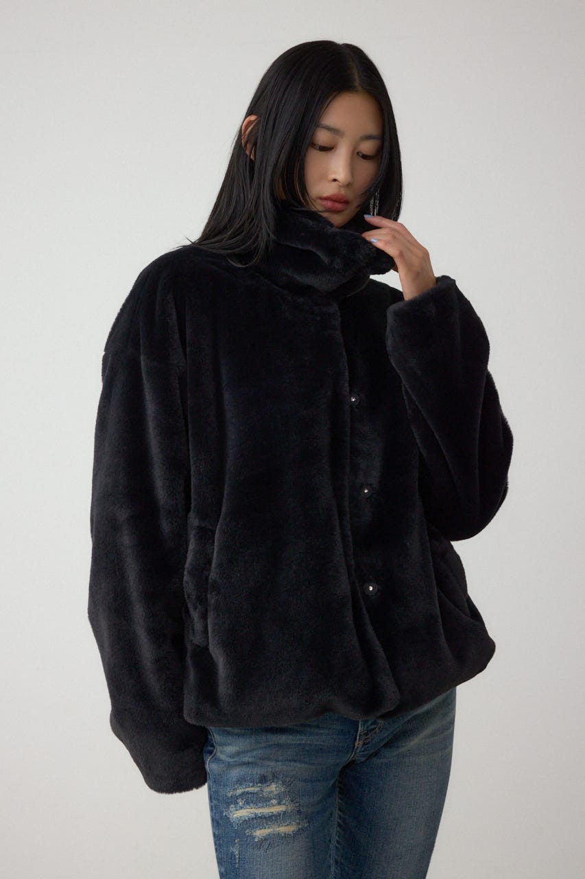 スタンド2WAYファーショートコート BLK S
