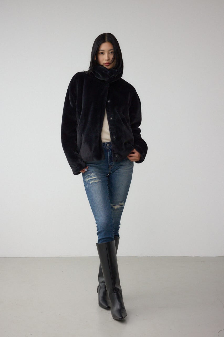 スタンド2WAYファーショートコート BLK S