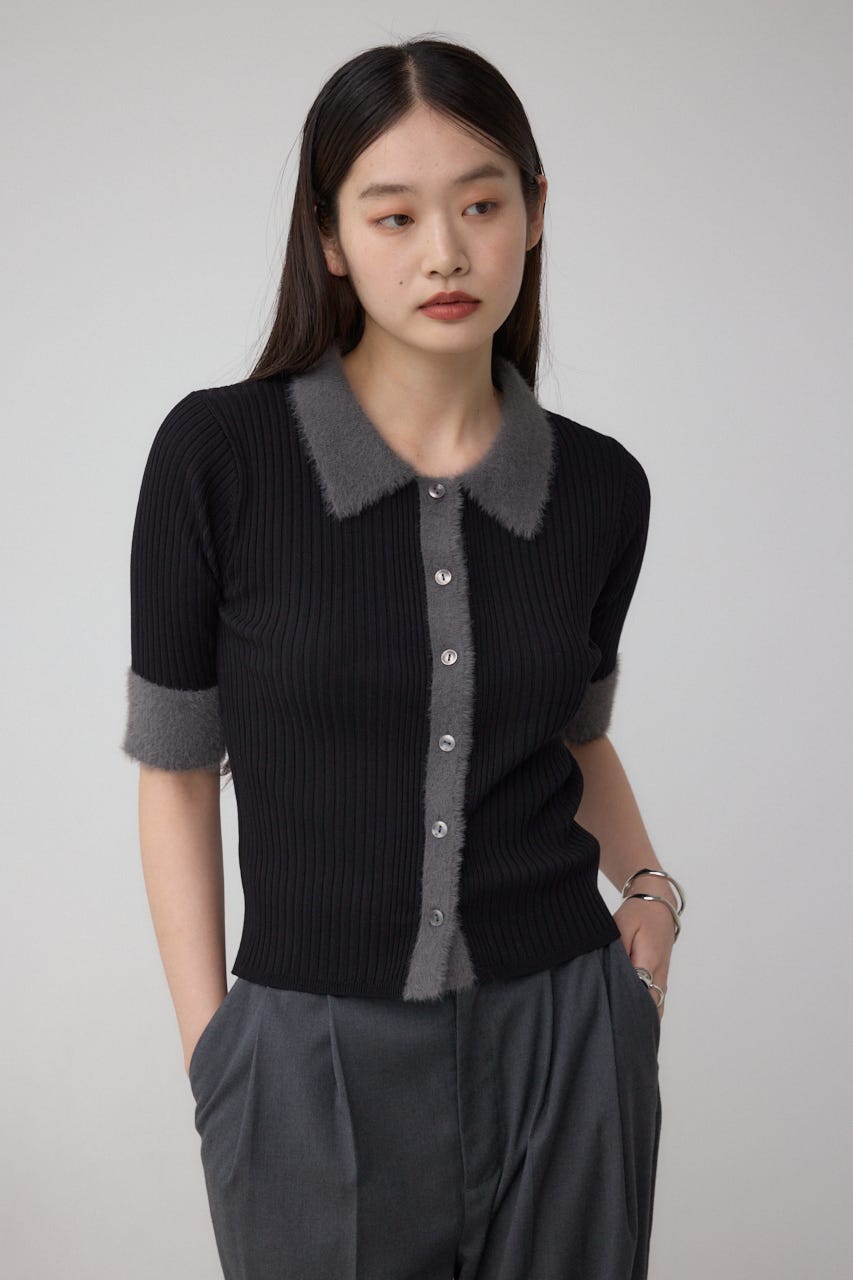 シャギーコンビポロニットトップス BLK FREE