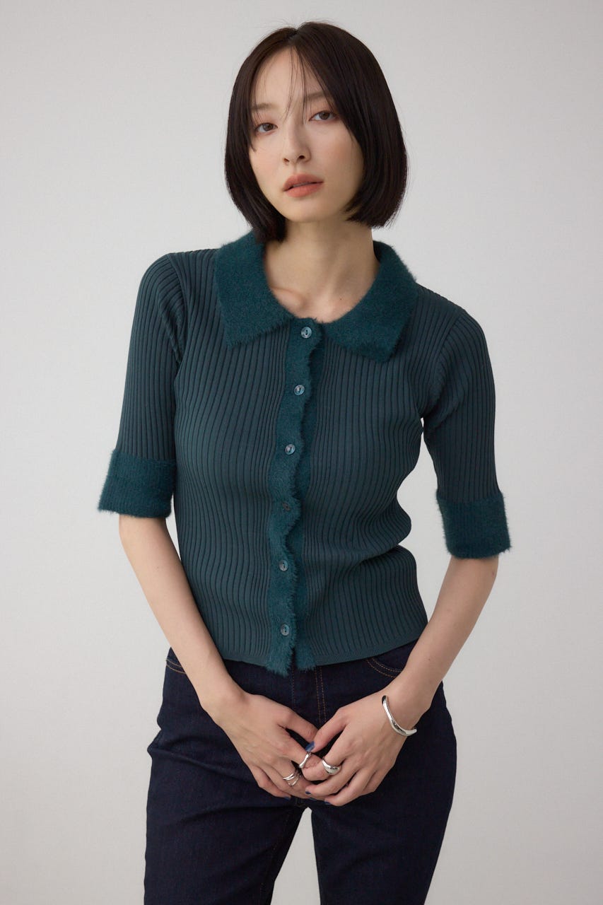 シャギーコンビポロニットトップス D/GRN FREE