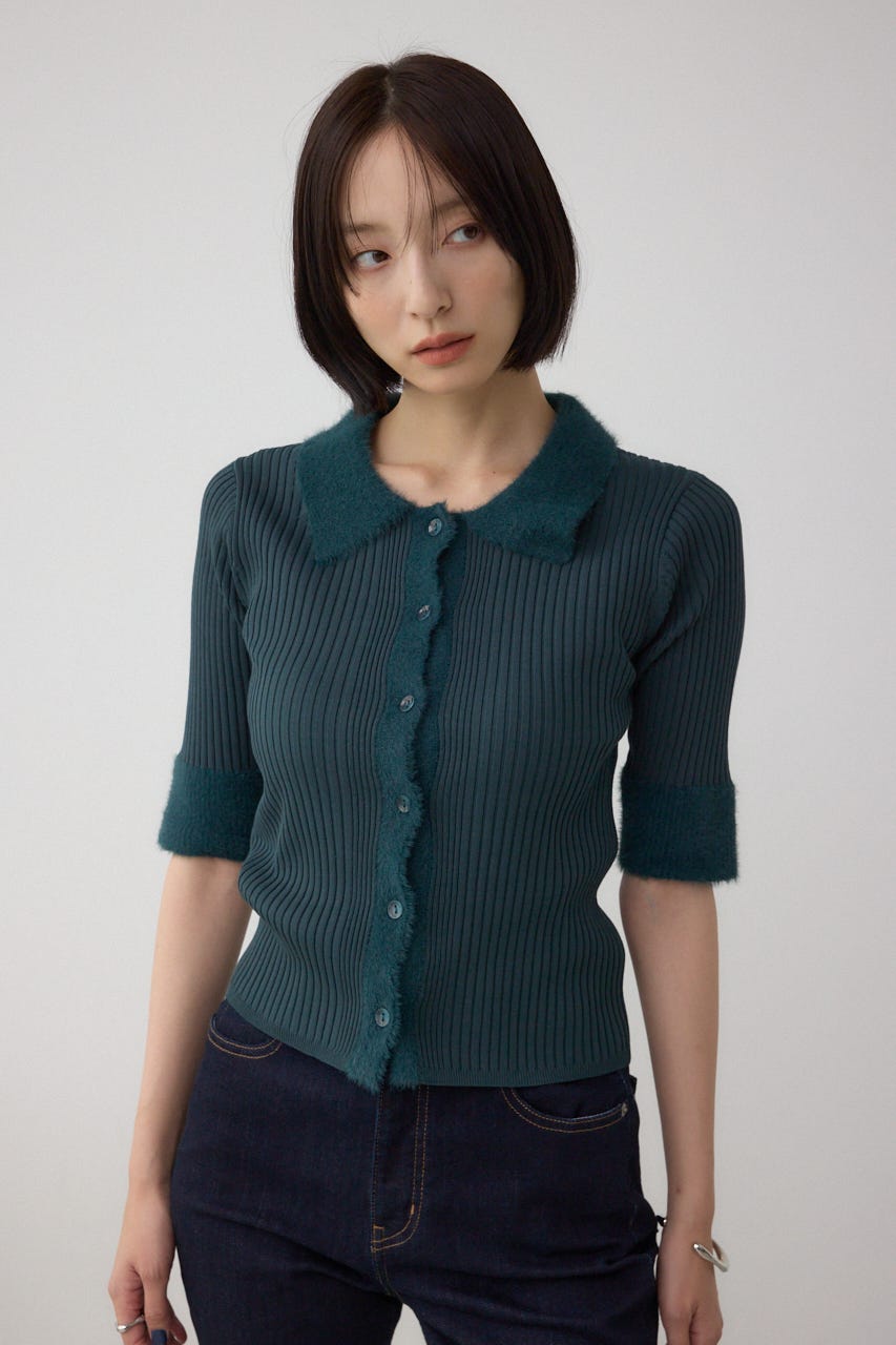 シャギーコンビポロニットトップス D/GRN FREE