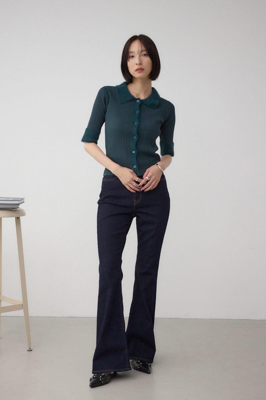 シャギーコンビポロニットトップス D/GRN FREE