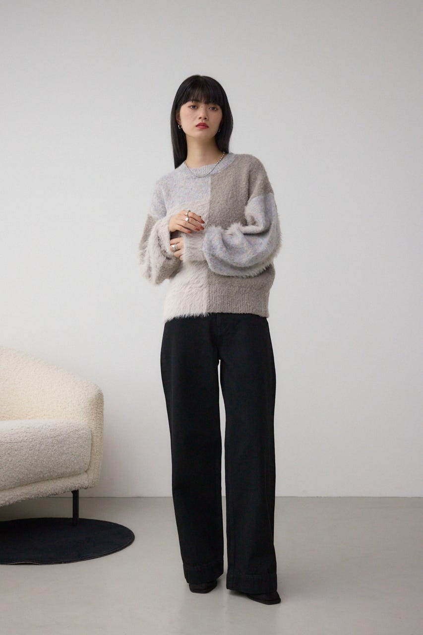 コンビネーションバイカラーニット 柄WHT FREE