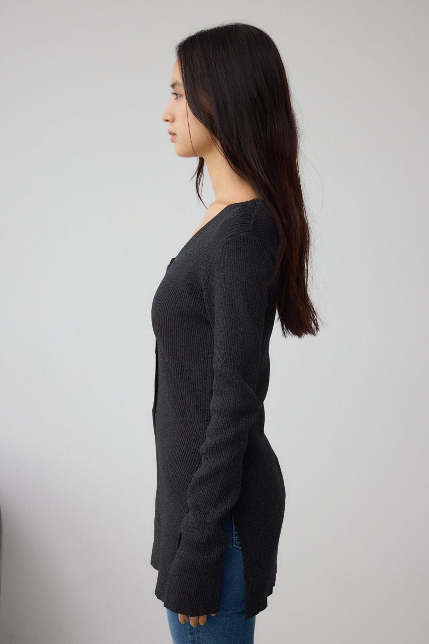 Vネックリブニットカーディガン BLK FREE