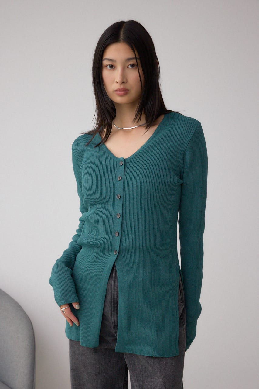 Vネックリブニットカーディガン D/GRN FREE