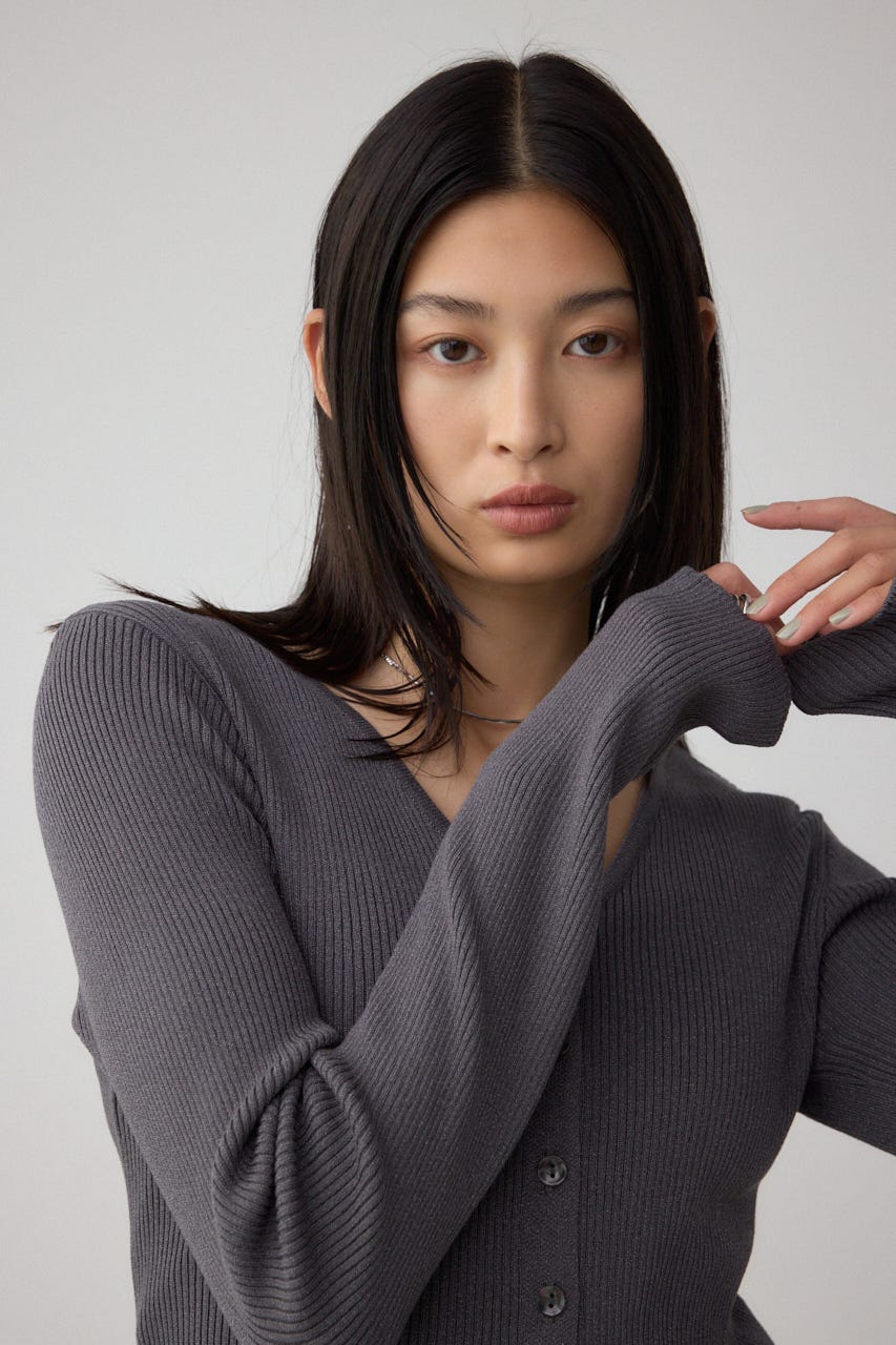 Vネックリブニットカーディガン GRY FREE