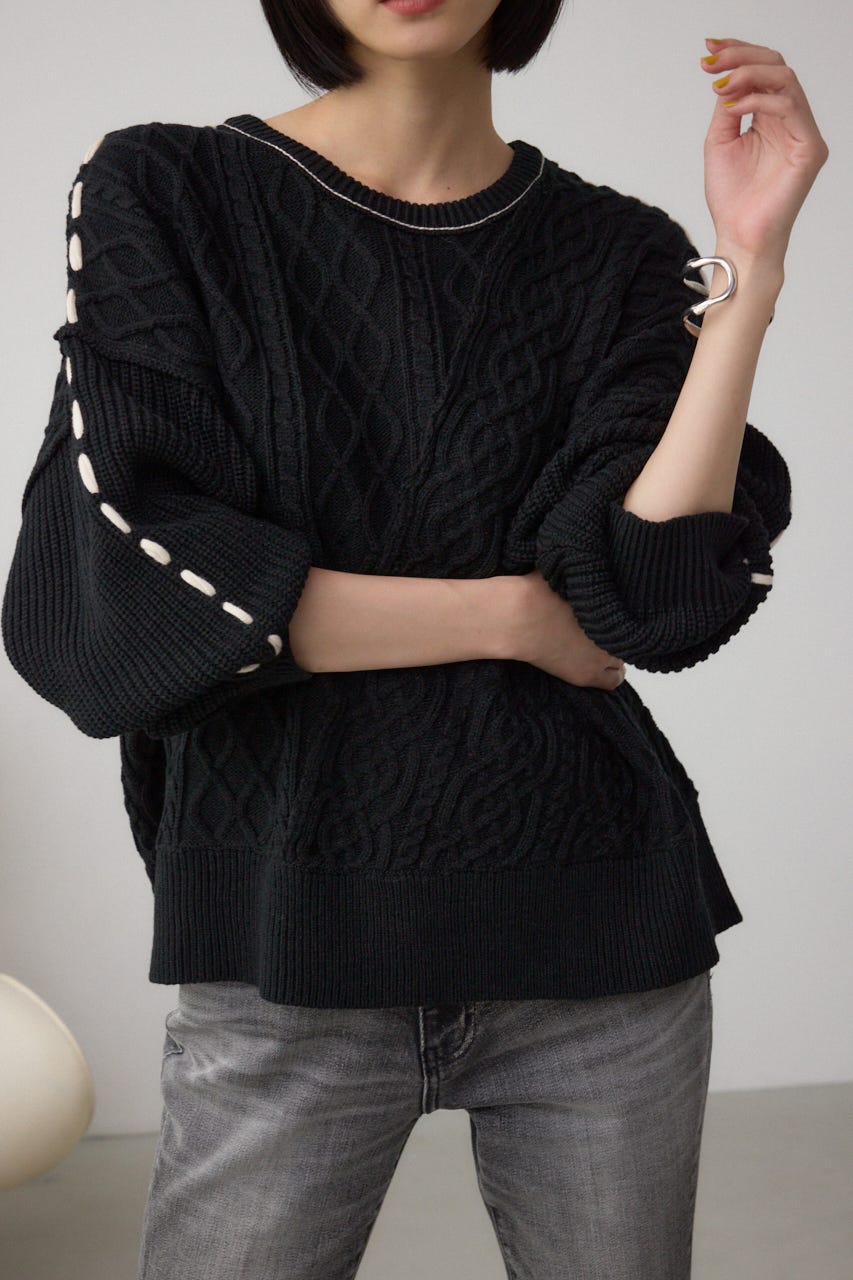 ステッチデザインケーブルニット BLK M
