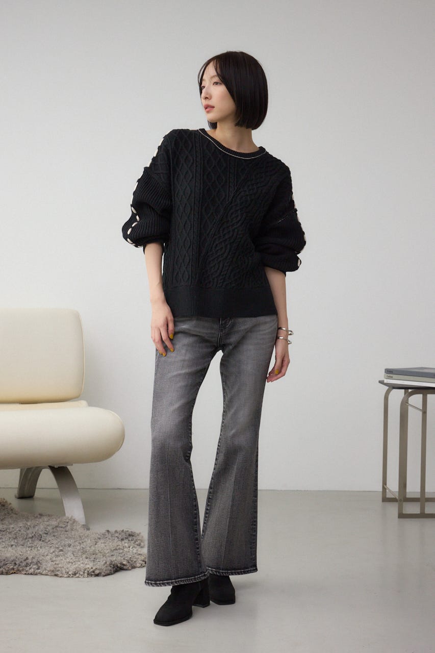 ステッチデザインケーブルニット BLK M