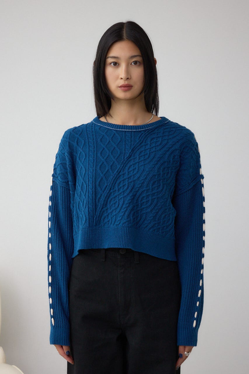 ステッチデザインケーブルニット D/BLU M