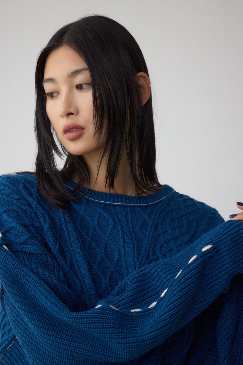 ステッチデザインケーブルニット D/BLU M