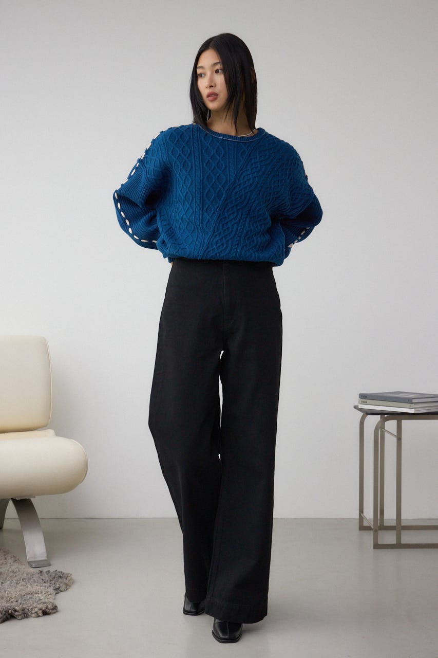 ステッチデザインケーブルニット D/BLU M