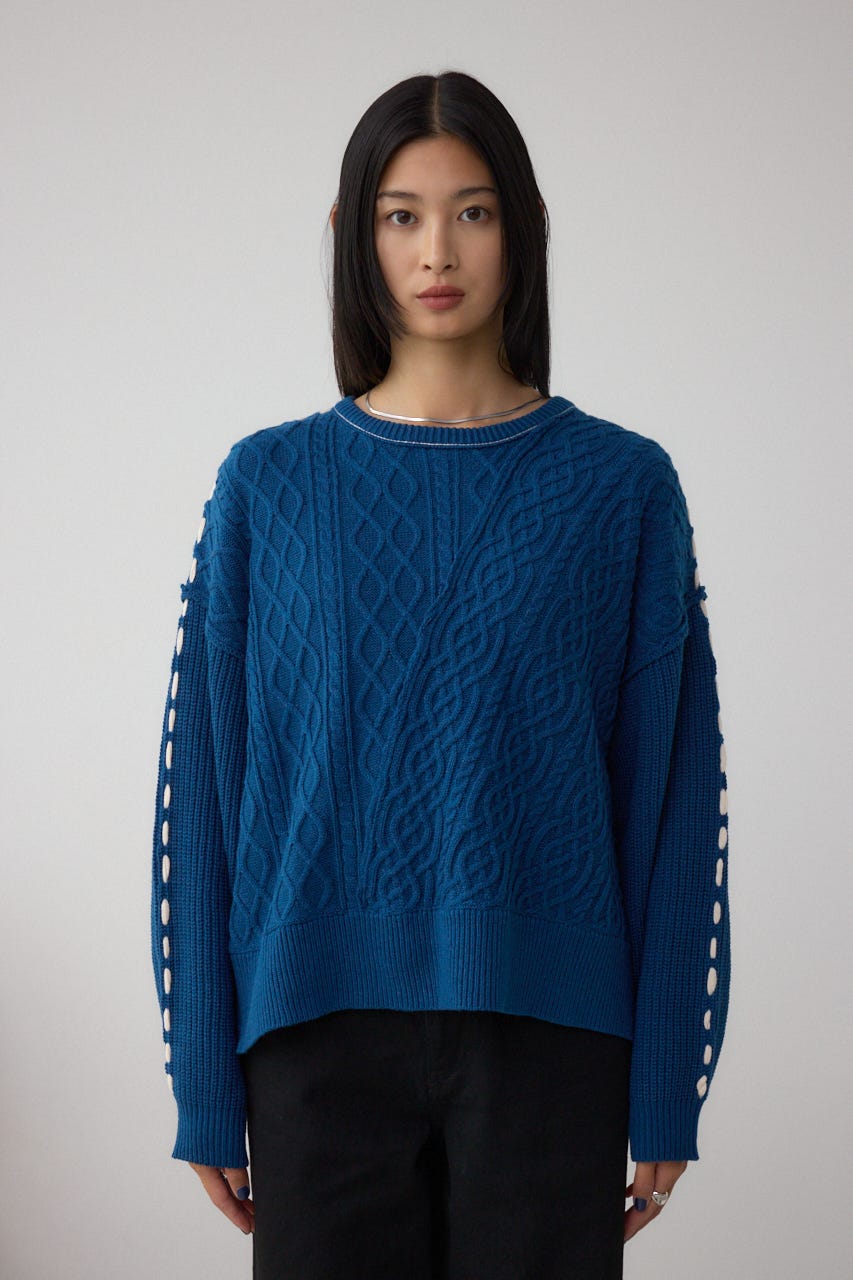 ステッチデザインケーブルニット D/BLU M