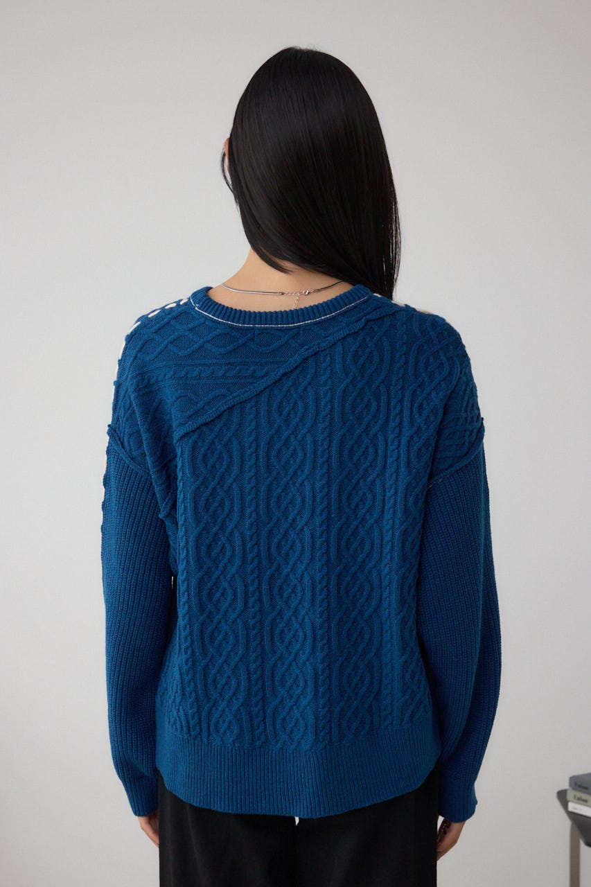 ステッチデザインケーブルニット D/BLU M