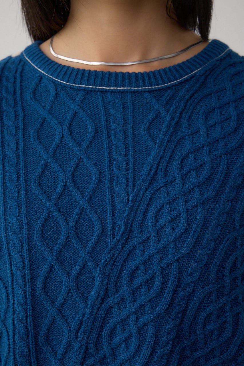 ステッチデザインケーブルニット D/BLU M