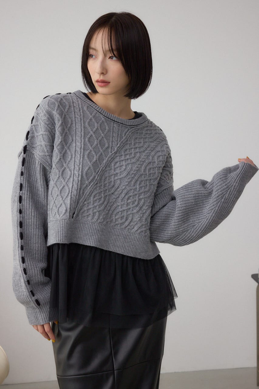 ステッチデザインケーブルニット T.GRY M