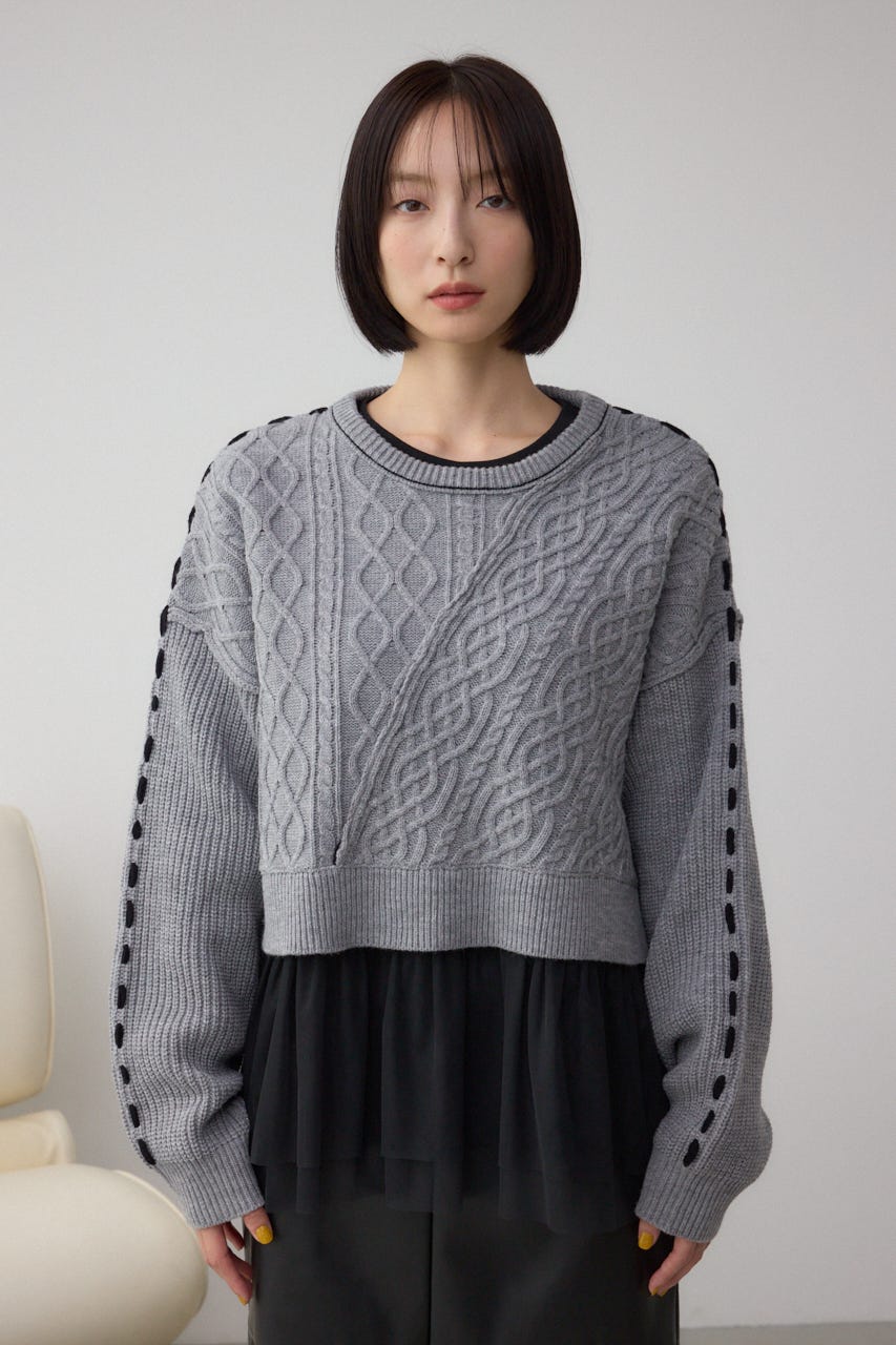 ステッチデザインケーブルニット T.GRY M