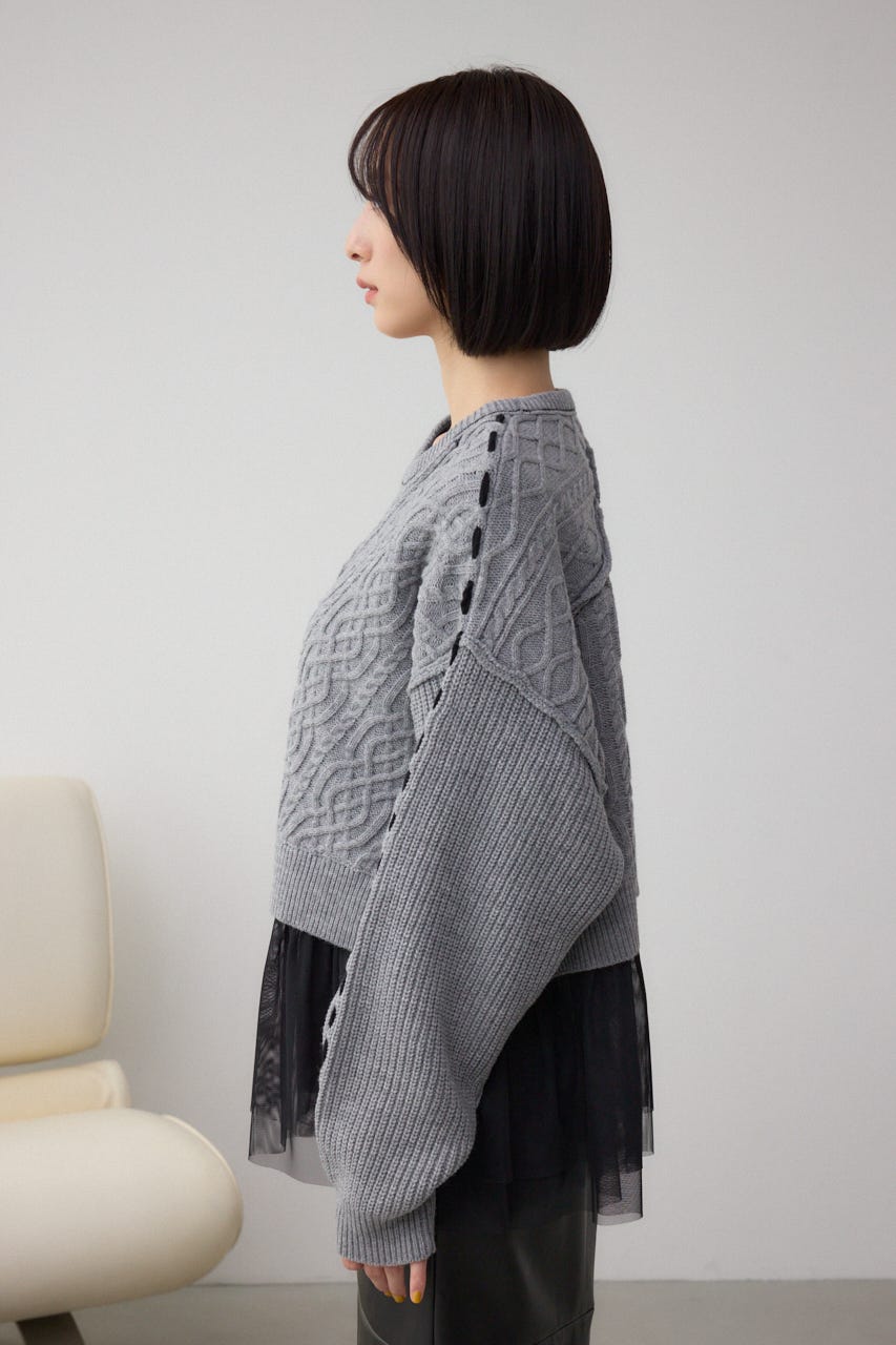 ステッチデザインケーブルニット T.GRY M