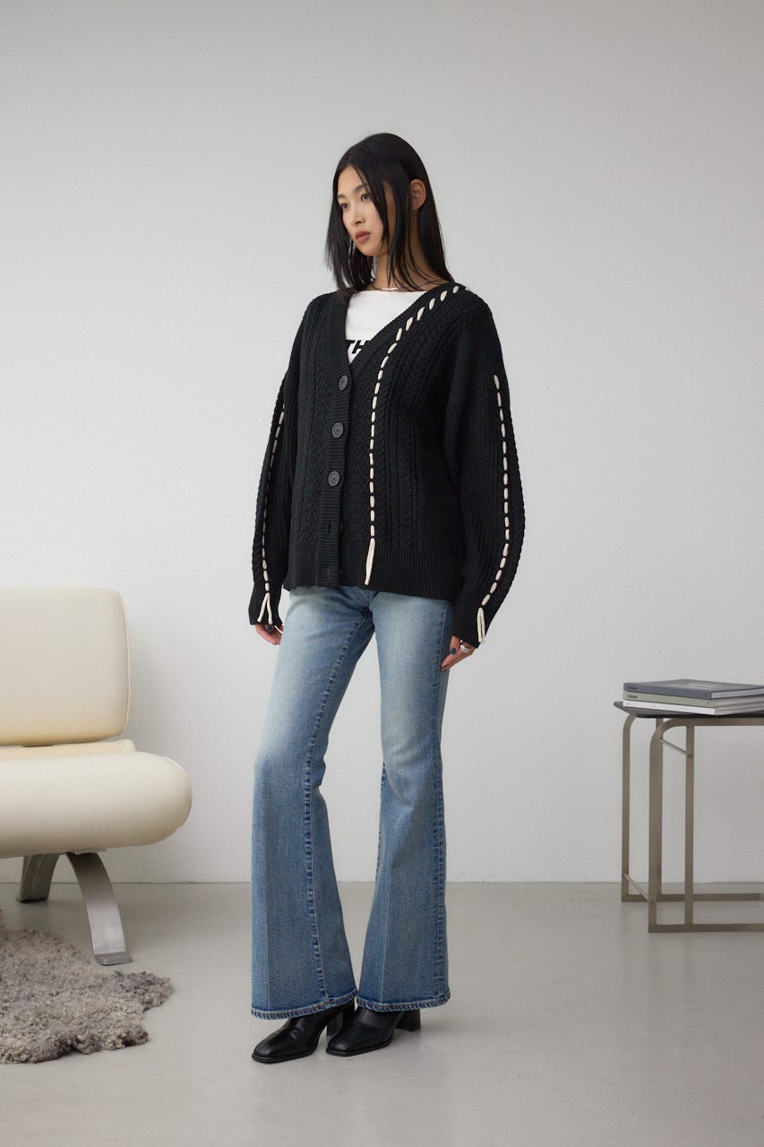 ステッチデザインカーディガン BLK FREE
