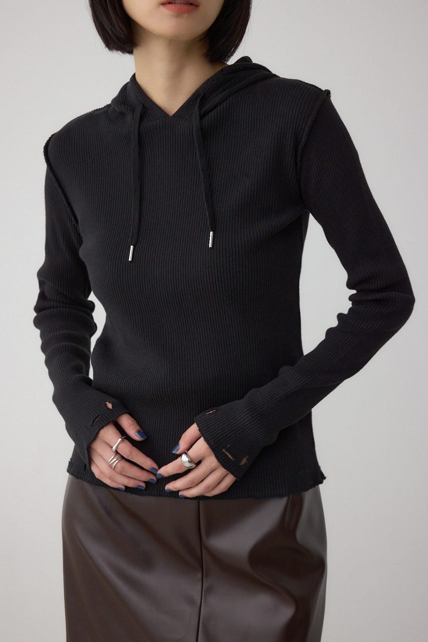 ダメージフーディーリブトップス BLK FREE