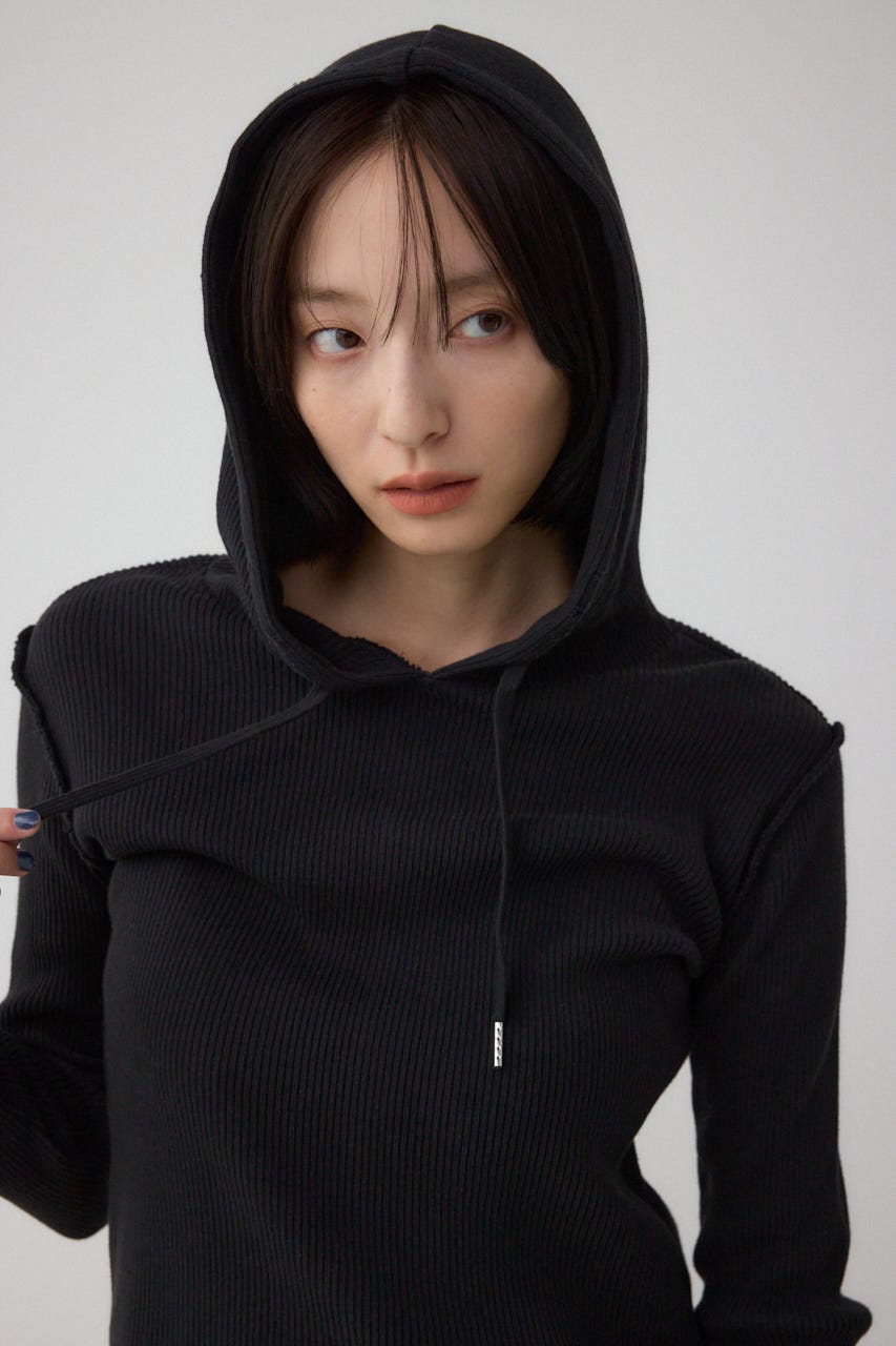 ダメージフーディーリブトップス BLK FREE