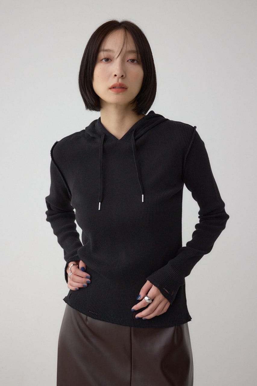 ダメージフーディーリブトップス BLK FREE