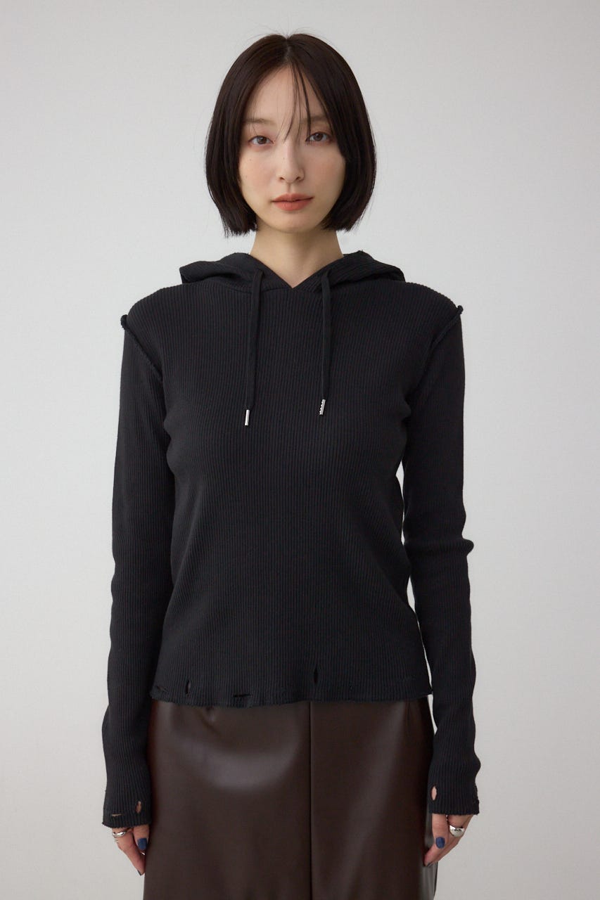 ダメージフーディーリブトップス BLK FREE