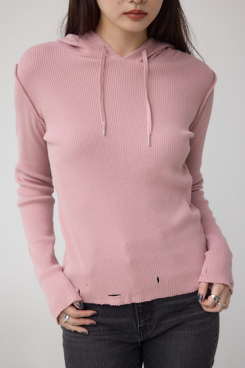 ダメージフーディーリブトップス PNK FREE