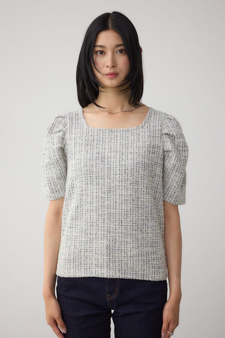 ツイード半袖トップス AZUL BY MOUSSY | カットツイード袖ギャザートップス (Tシャツ