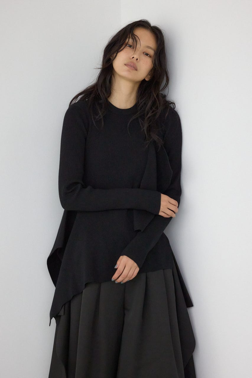 【PLUS】アシンメトリードレープニット BLK FREE