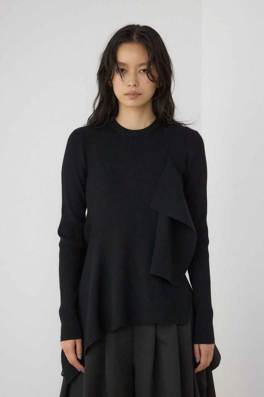 【PLUS】アシンメトリードレープニット BLK FREE