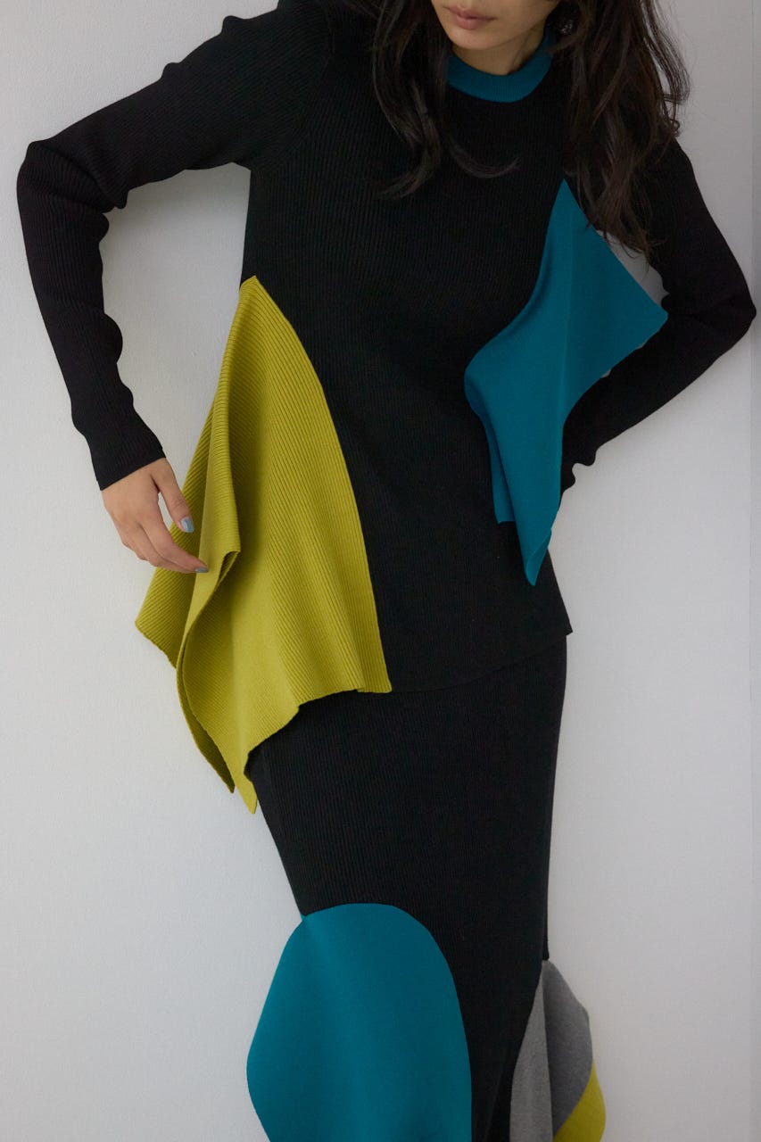 【PLUS】アシンメトリードレープニット 柄BLK FREE