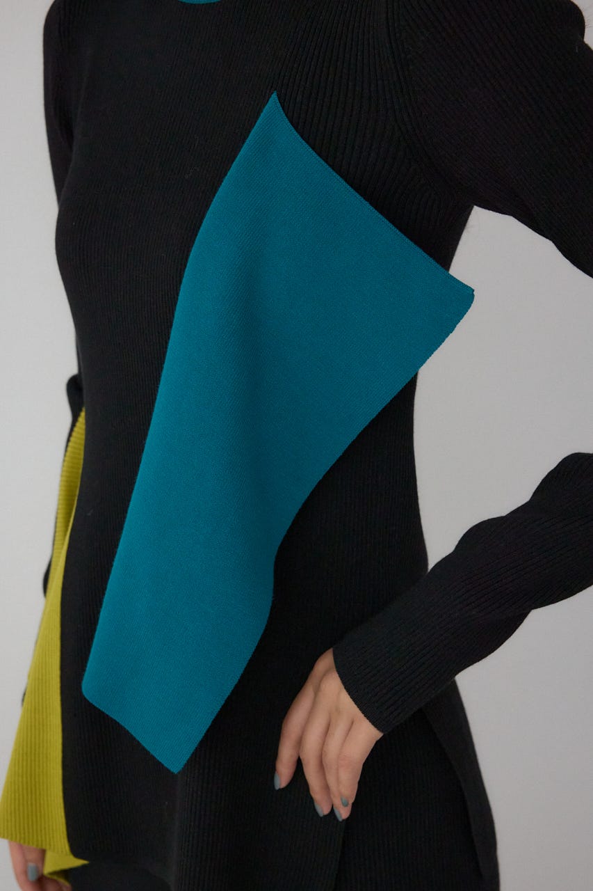 【PLUS】アシンメトリードレープニット 柄BLK FREE