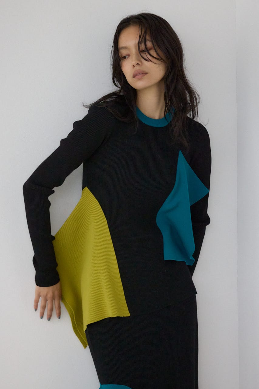 【PLUS】アシンメトリードレープニット 柄BLK FREE