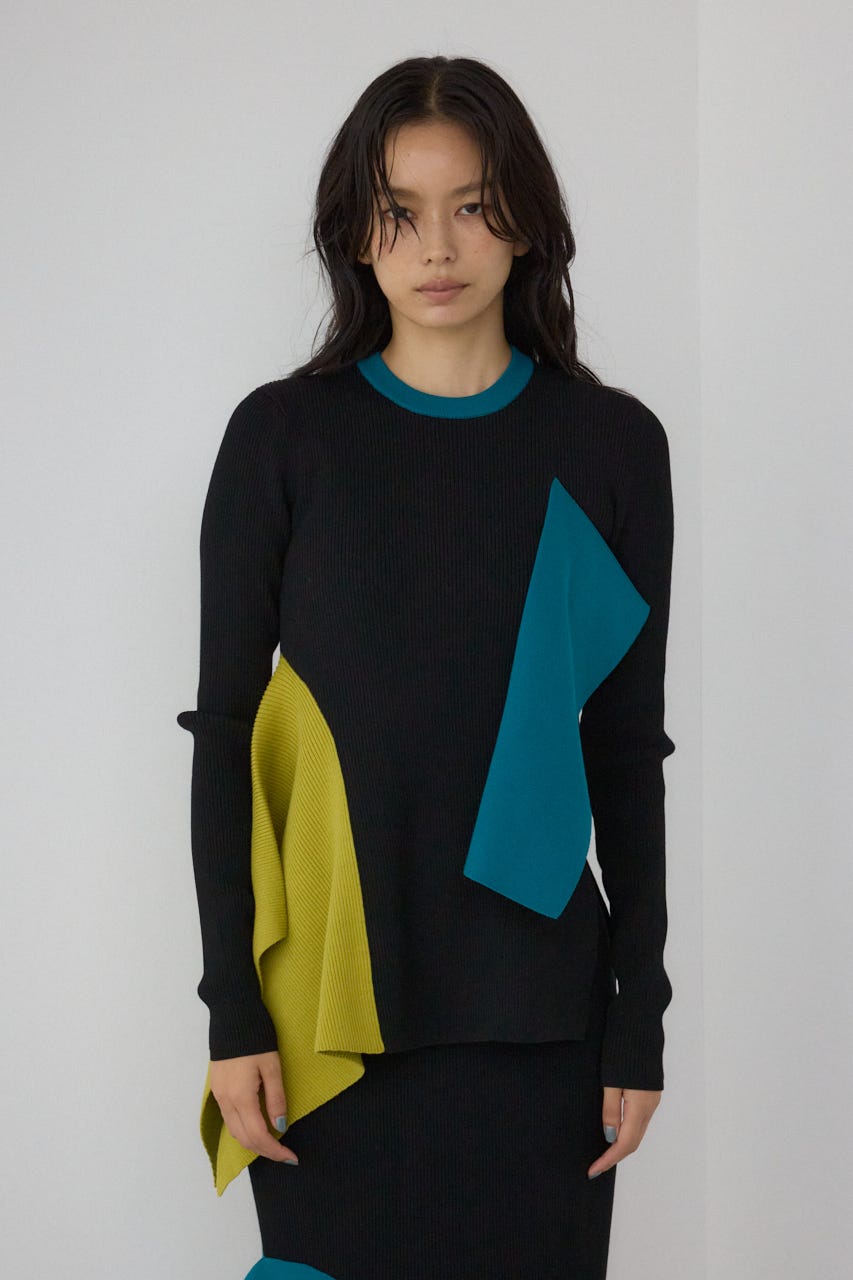 【PLUS】アシンメトリードレープニット 柄BLK FREE