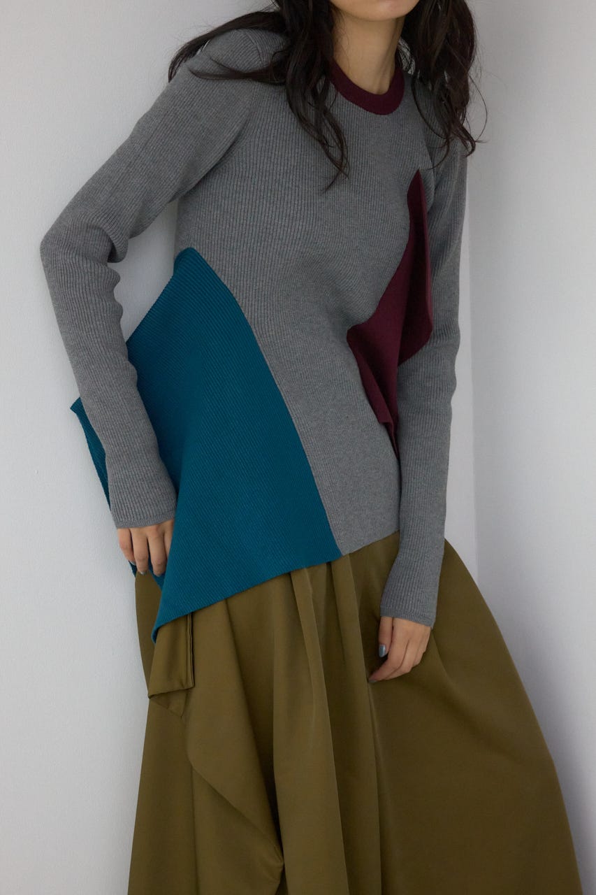 【PLUS】アシンメトリードレープニット 柄GRY FREE