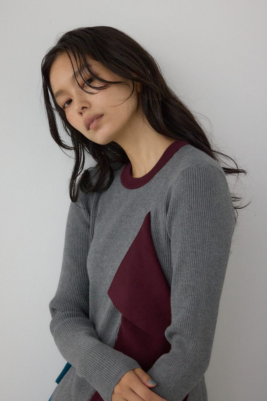 【PLUS】アシンメトリードレープニット 柄GRY FREE