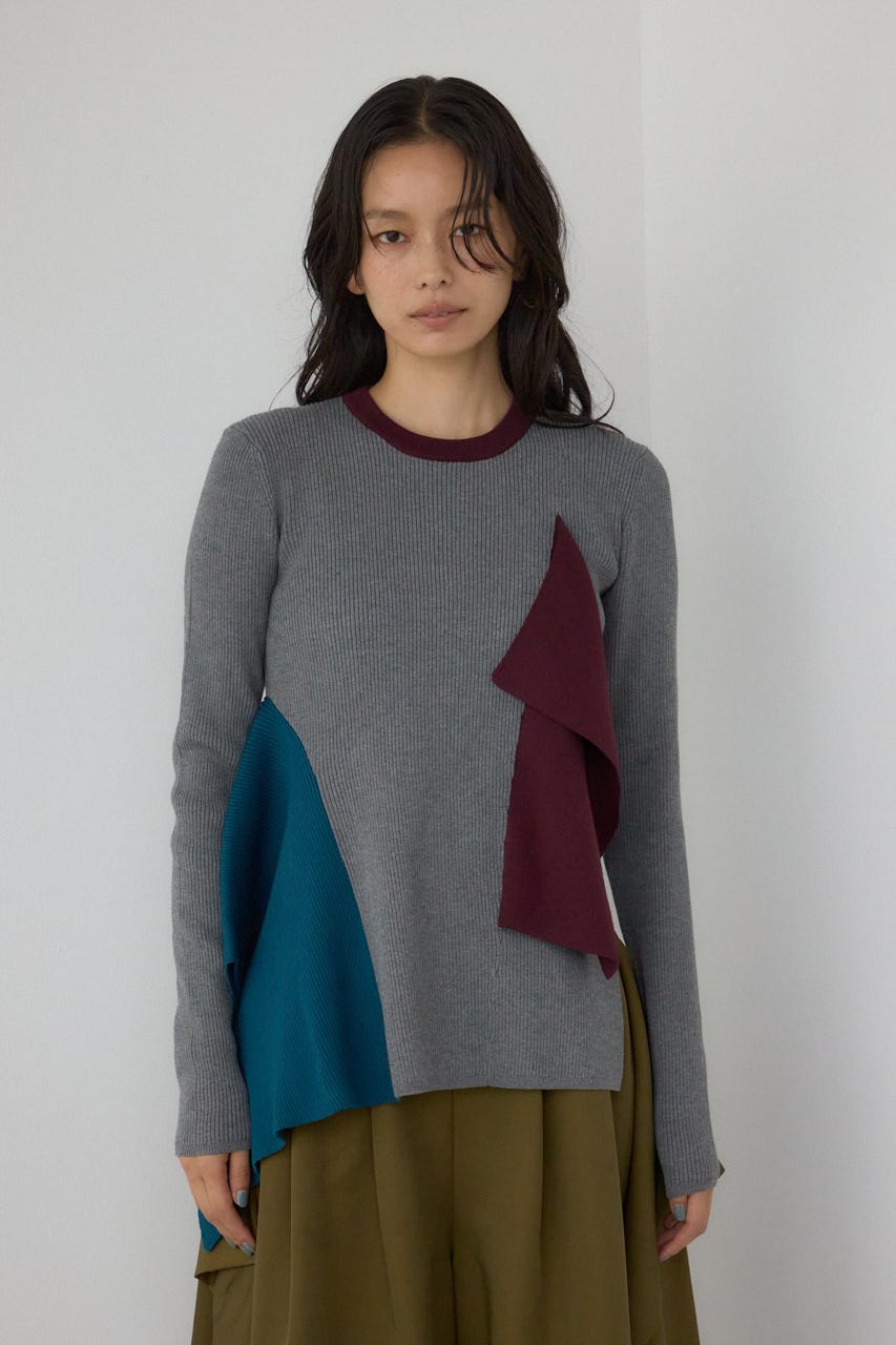 【PLUS】アシンメトリードレープニット 柄GRY FREE