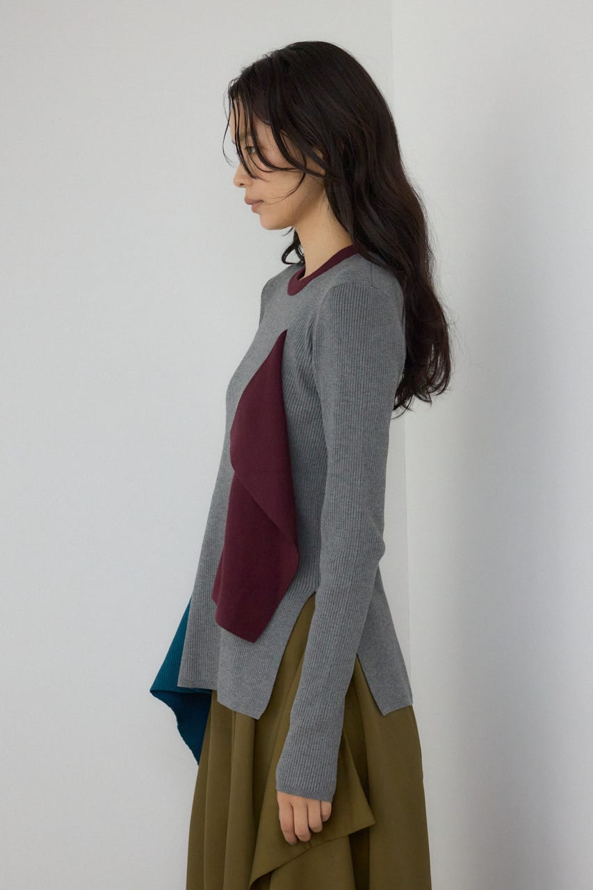 【PLUS】アシンメトリードレープニット 柄GRY FREE